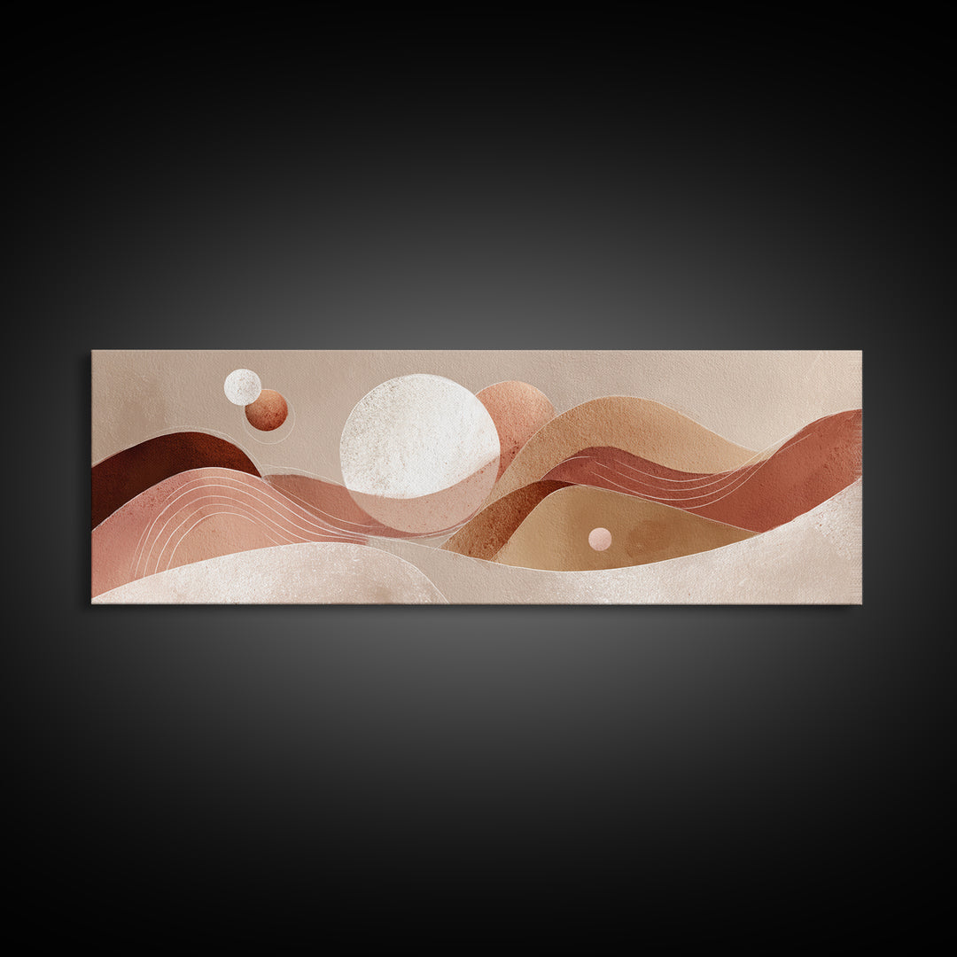 Abstract Terracotta Desert Dunes With Sun And Moons Wall Art, Mid Century Canvas Print, Earth Tone Decor, Modern Boho Art
