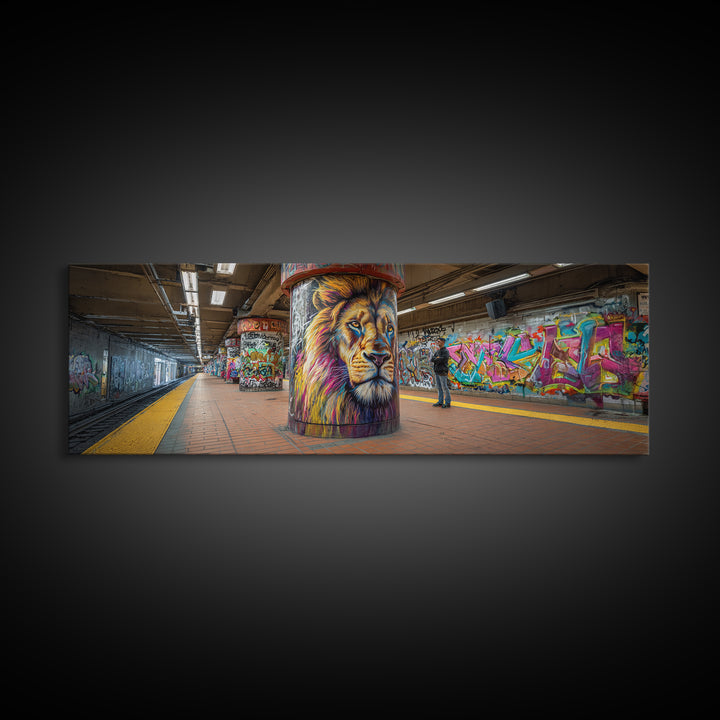 Urban Graffiti Lion Mural Subway Station Wall Art Canvas Print Vibrant Street Art Modern Wall Decor