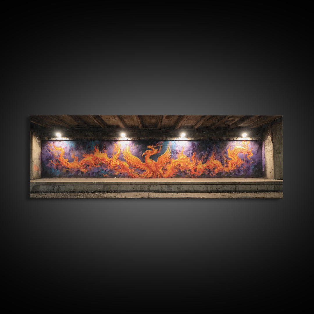 Vibrant Phoenix Graffiti Mural Street Art With Flames Fire And Purple Background Urban Wall Art Canvas Print