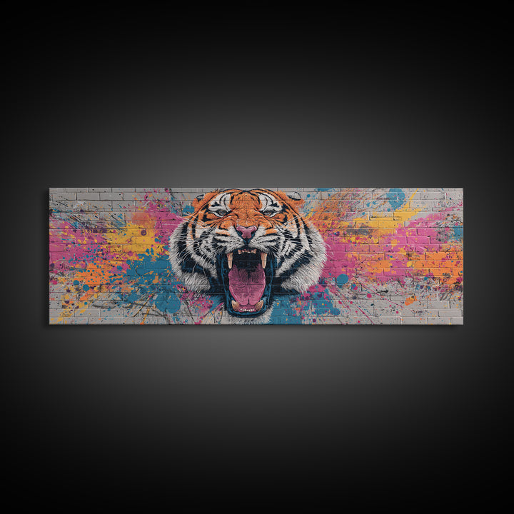 Vibrant Roaring Tiger Graffiti Mural Street Art Wall Painting Framed Canvas Print Urban Home Decor And Bold Living Room Wall Art