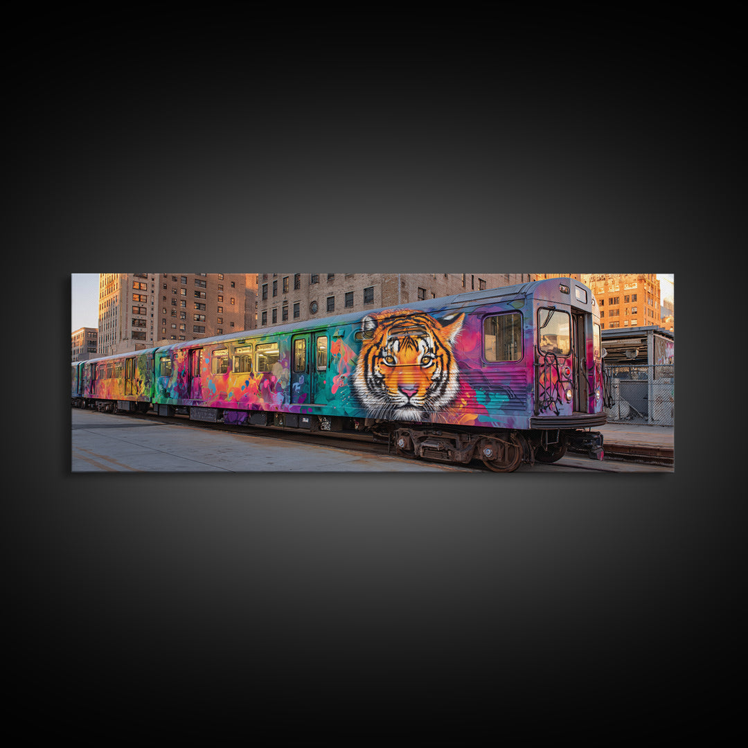 Graffiti Urban Art With Bright Tiger Mural On City Train Vibrant Street Culture Modern Wall Art Canvas Print