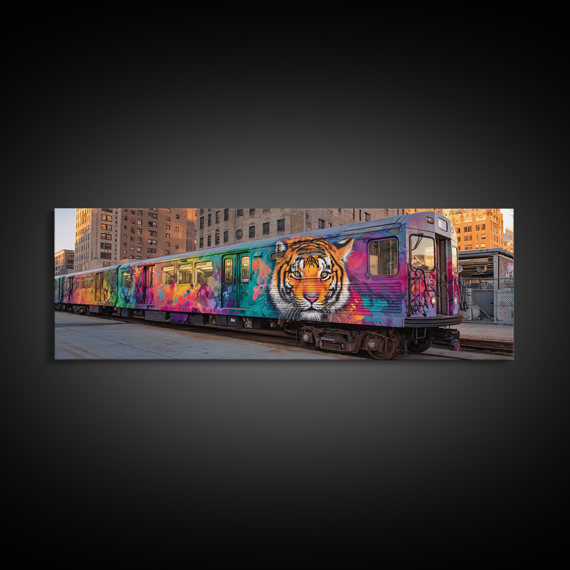 Graffiti Urban Art With Bright Tiger Mural On City Train Vibrant Street Culture Modern Wall Art Canvas Print