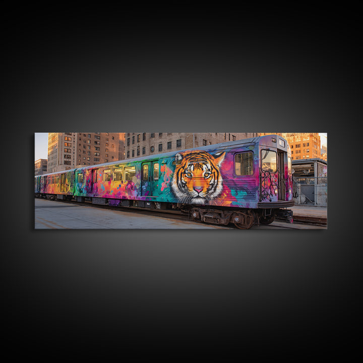 Graffiti Urban Art With Bright Tiger Mural On City Train Vibrant Street Culture Modern Wall Art Canvas Print