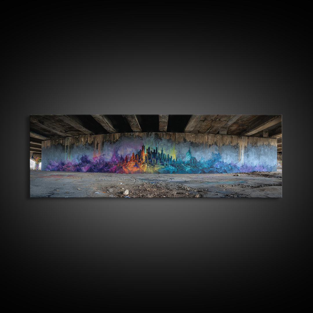 Vibrant Abstract Cityscape Street Art Featuring Colorful Skyline in Purple Blue and Orange Hues Wall Art