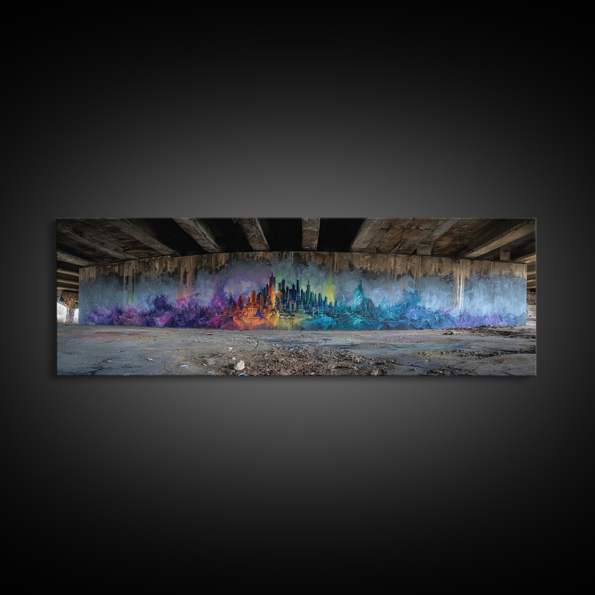 Vibrant Abstract Cityscape Street Art Featuring Colorful Skyline in Purple Blue and Orange Hues Wall Art