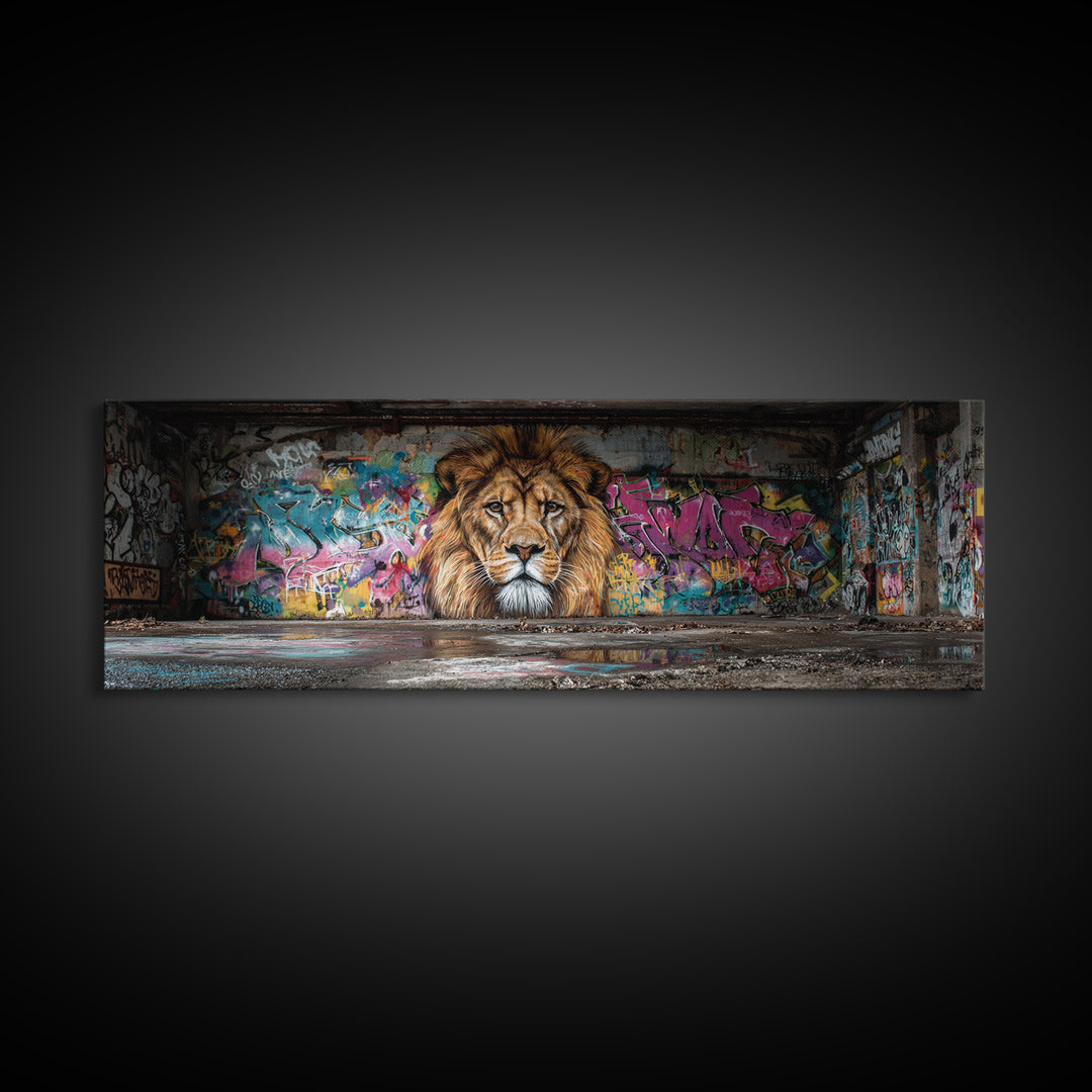 Vibrant Urban Graffiti Lion Mural Canvas Print Capturing Street Art Vibes With Striking Realism And Colorful Background Perfect Large Wall Art Decor