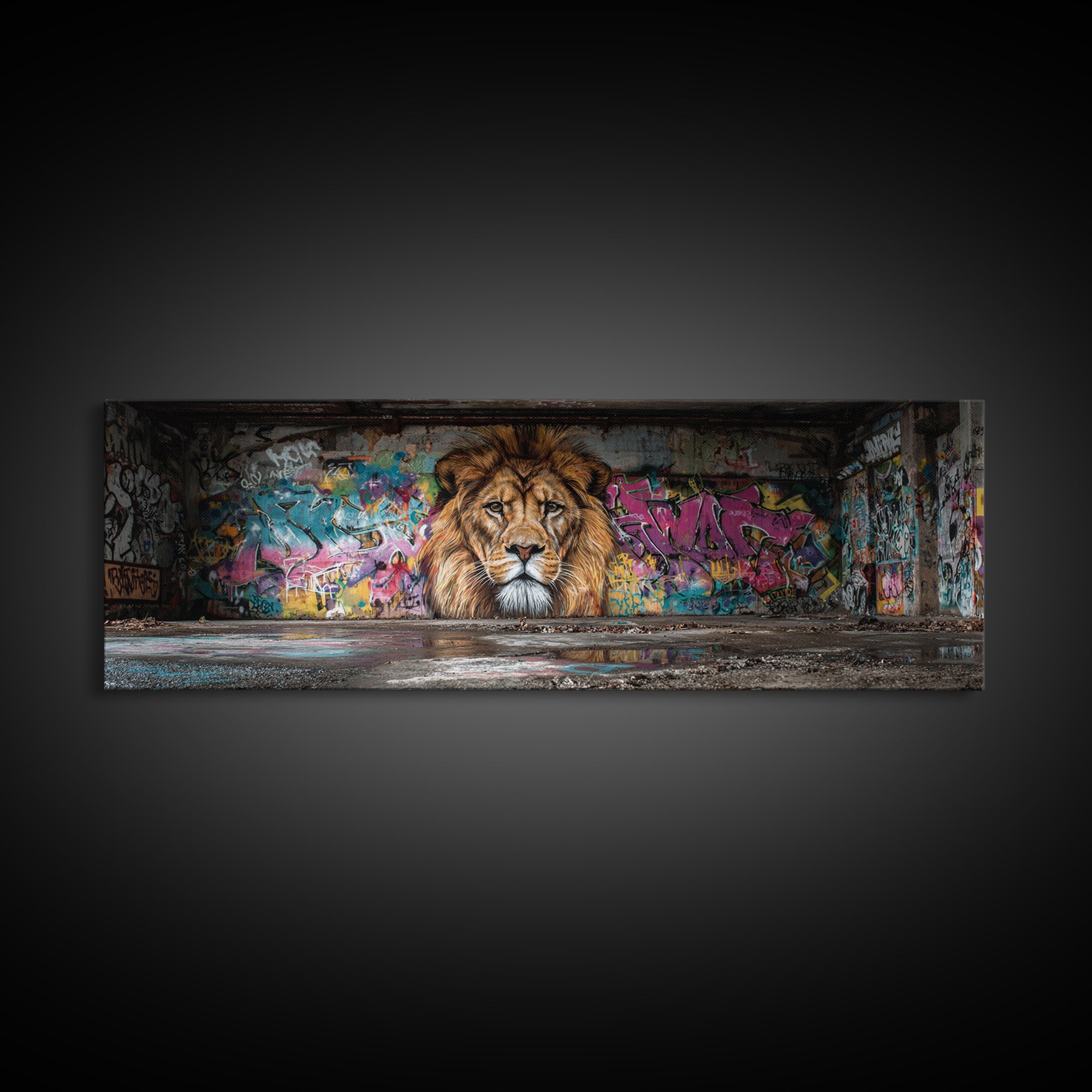 Vibrant Urban Graffiti Lion Mural Canvas Print Capturing Street Art Vibes With Striking Realism And Colorful Background Perfect Large Wall Art Decor