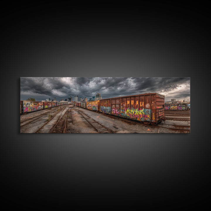 Urban Graffiti Covered Train Yard Under Moody Sky Wall Art Canvas Print For Contemporary Industrial Decor And Street Art