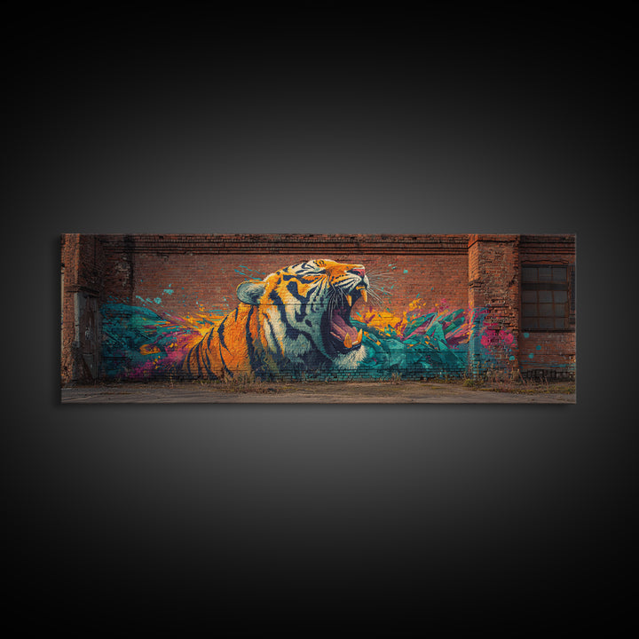 Roaring Tiger Street Art Graffiti Mural Vibrant Colorful Wall Art Framed Canvas Print Urban Home Decor
