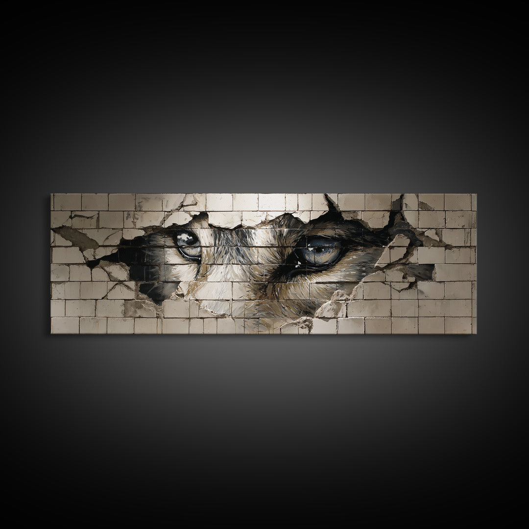 Intriguing Street Art Of Wolf Eyes Peering Through Broken Wall Painted On White Tiles Urban Wall Art Print