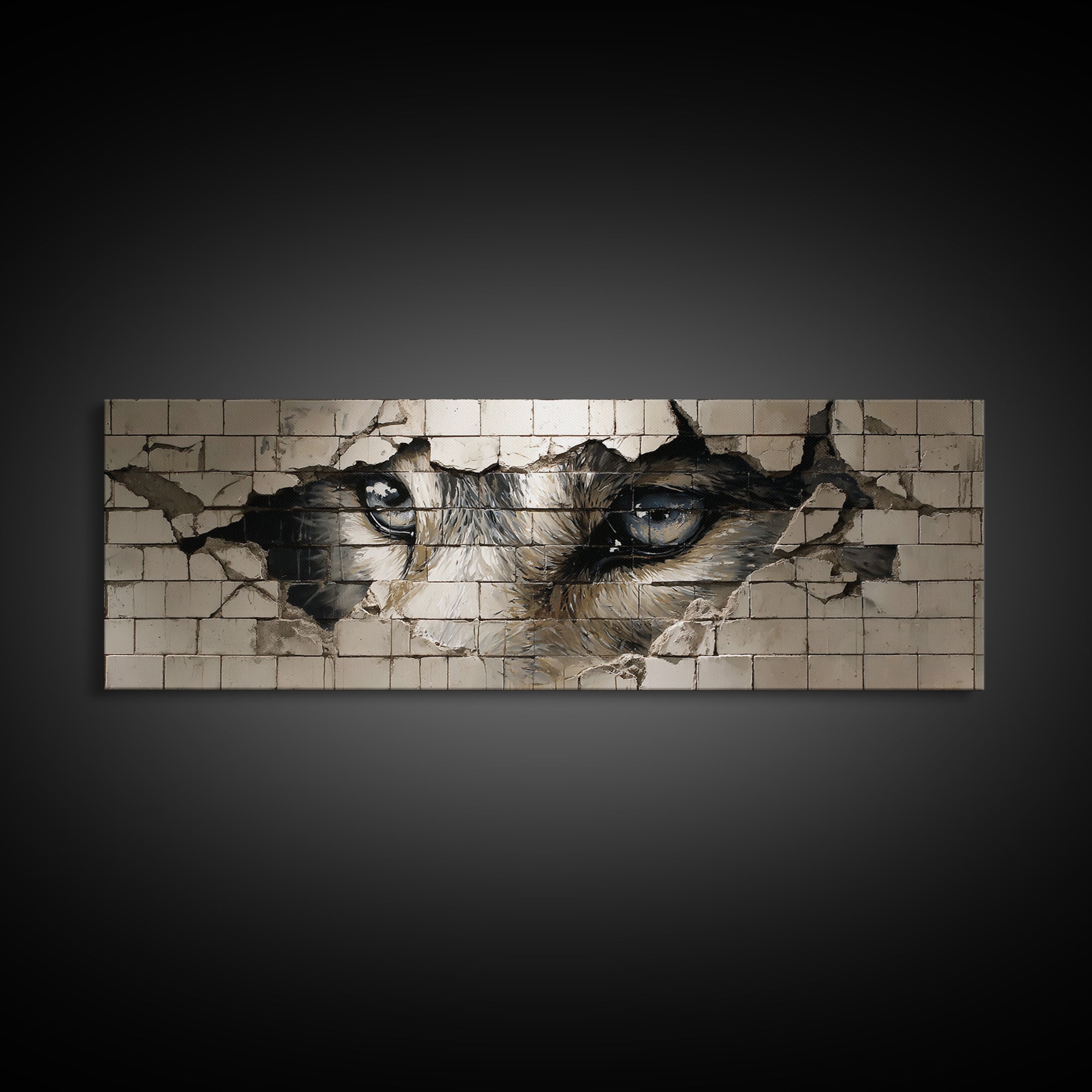 Intriguing Street Art Of Wolf Eyes Peering Through Broken Wall Painted On White Tiles Urban Wall Art Print