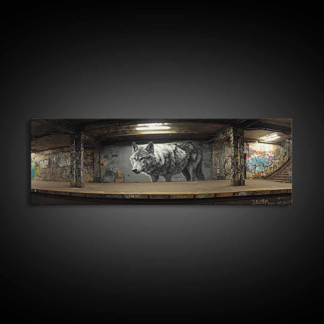Black And White Urban Wolf Mural In Subways Graffiti Wall Art Print For Contemporary Living Room Decor Canvas Print