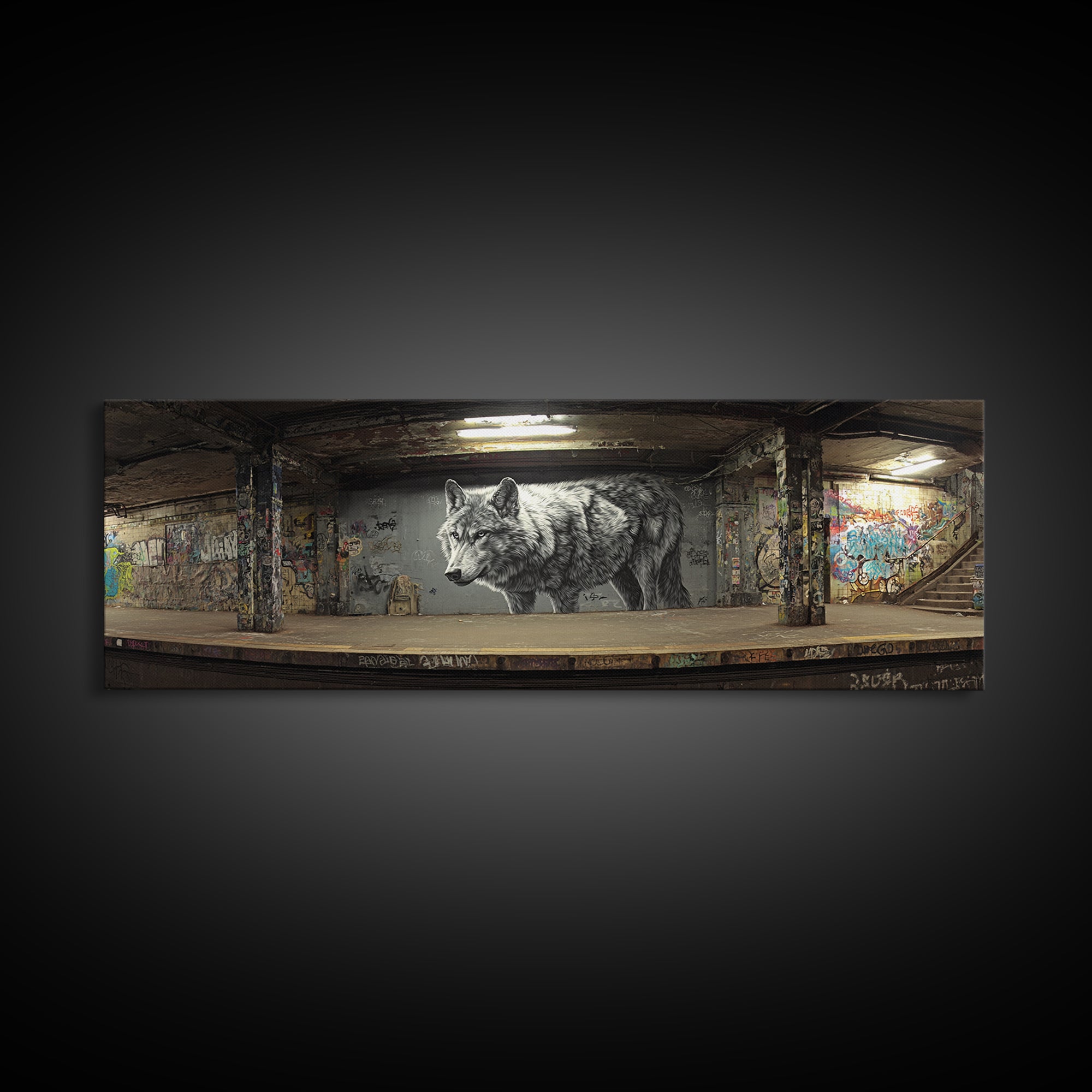 Black And White Urban Wolf Mural In Subways Graffiti Wall Art Print For Contemporary Living Room Decor Canvas Print