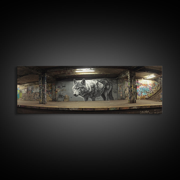 Black And White Urban Wolf Mural In Subways Graffiti Wall Art Print For Contemporary Living Room Decor Canvas Print