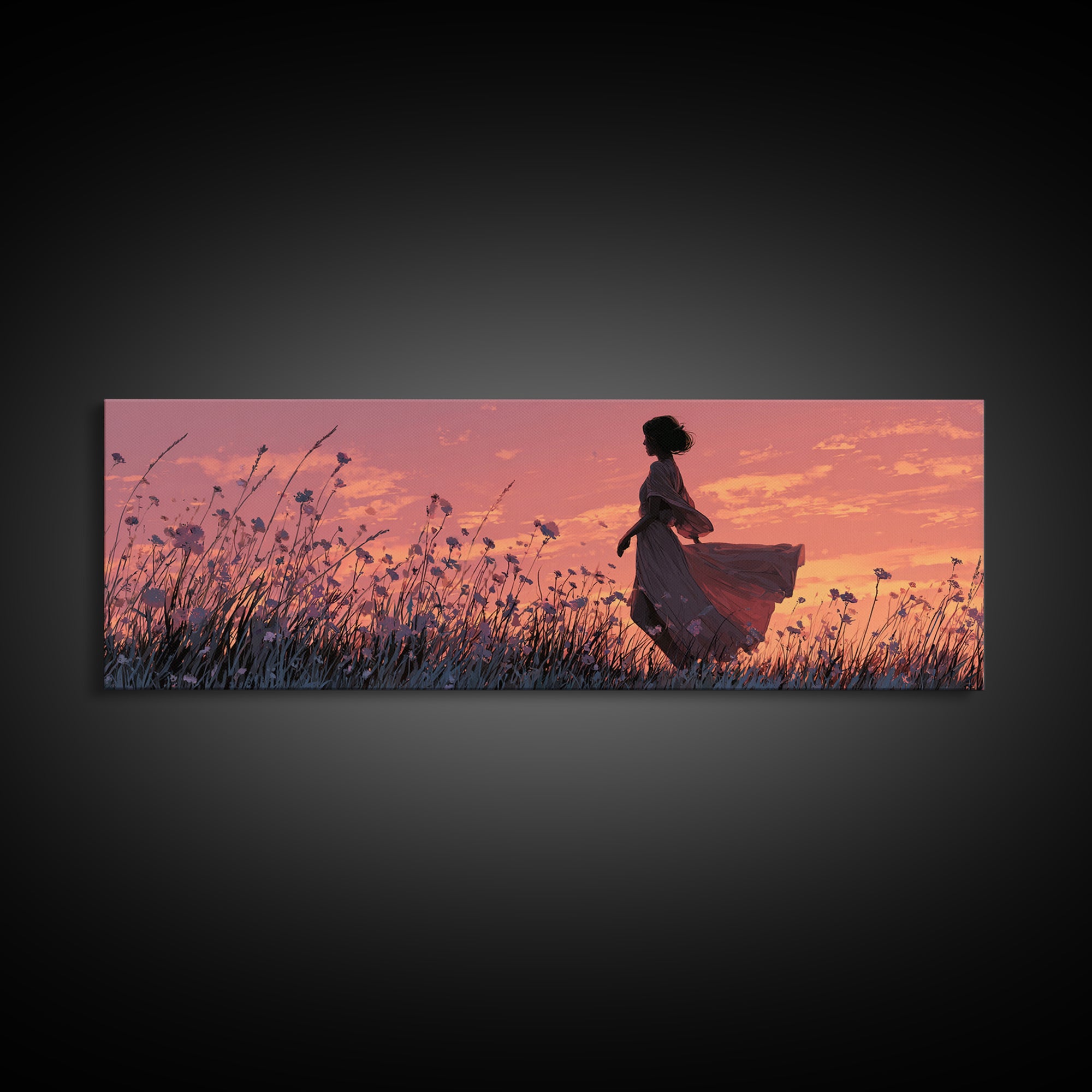 Woman Silhouette In Sunset Wildflower Meadow Canvas Print, Romantic Landscape Wall Art, Boho Bedroom Decor, Gift For Her
