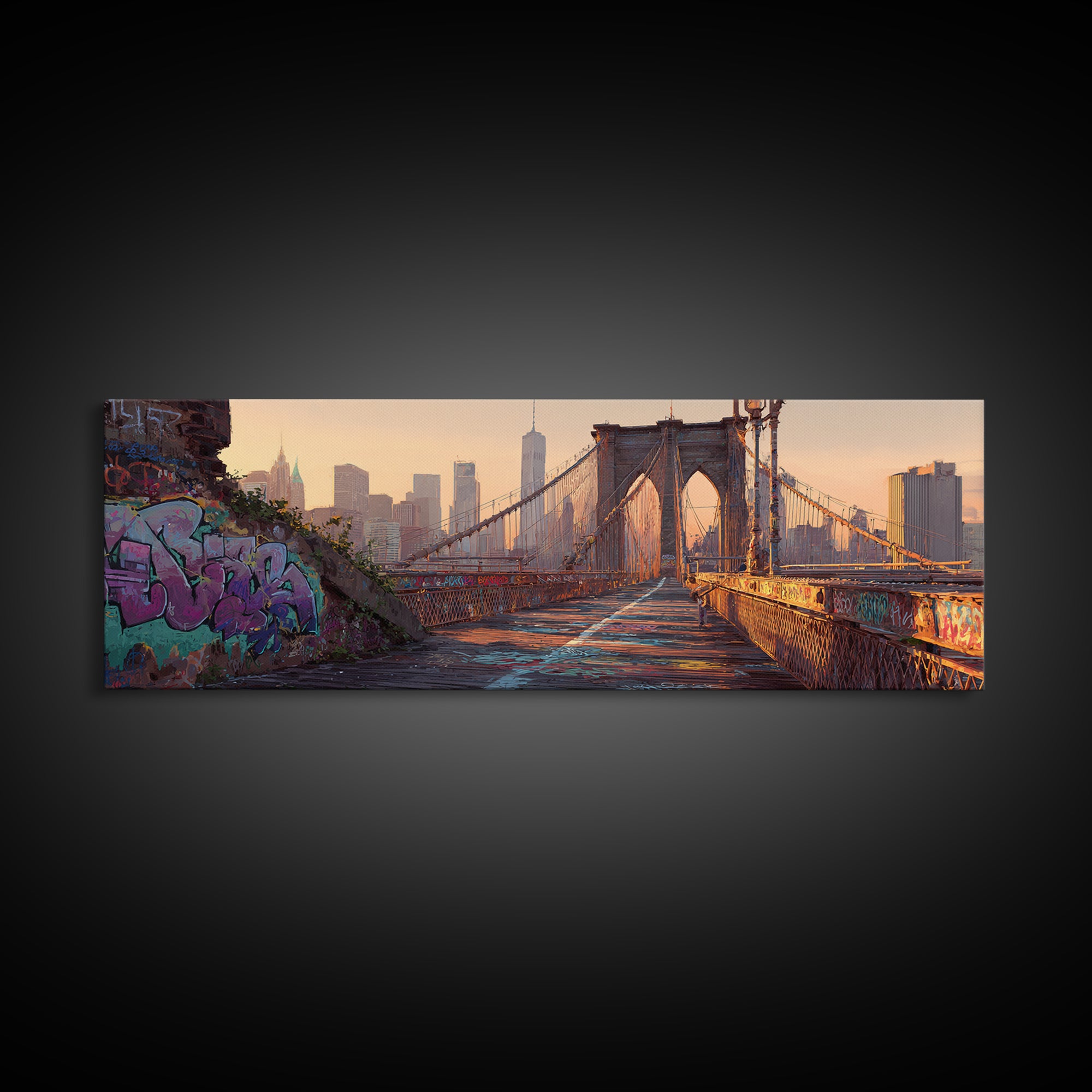 Sunlit Urban Bridge Graffiti Street Scene Original Art Framed Canvas Print Urban Wall Decor Modern Wall Art