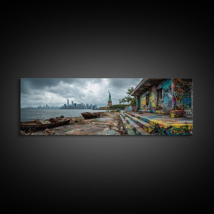 Cityscape With Statue And Graffiti Urban Street Scene Wall Art Framed Canvas Print For Industrial Home Decor And Gift For Him