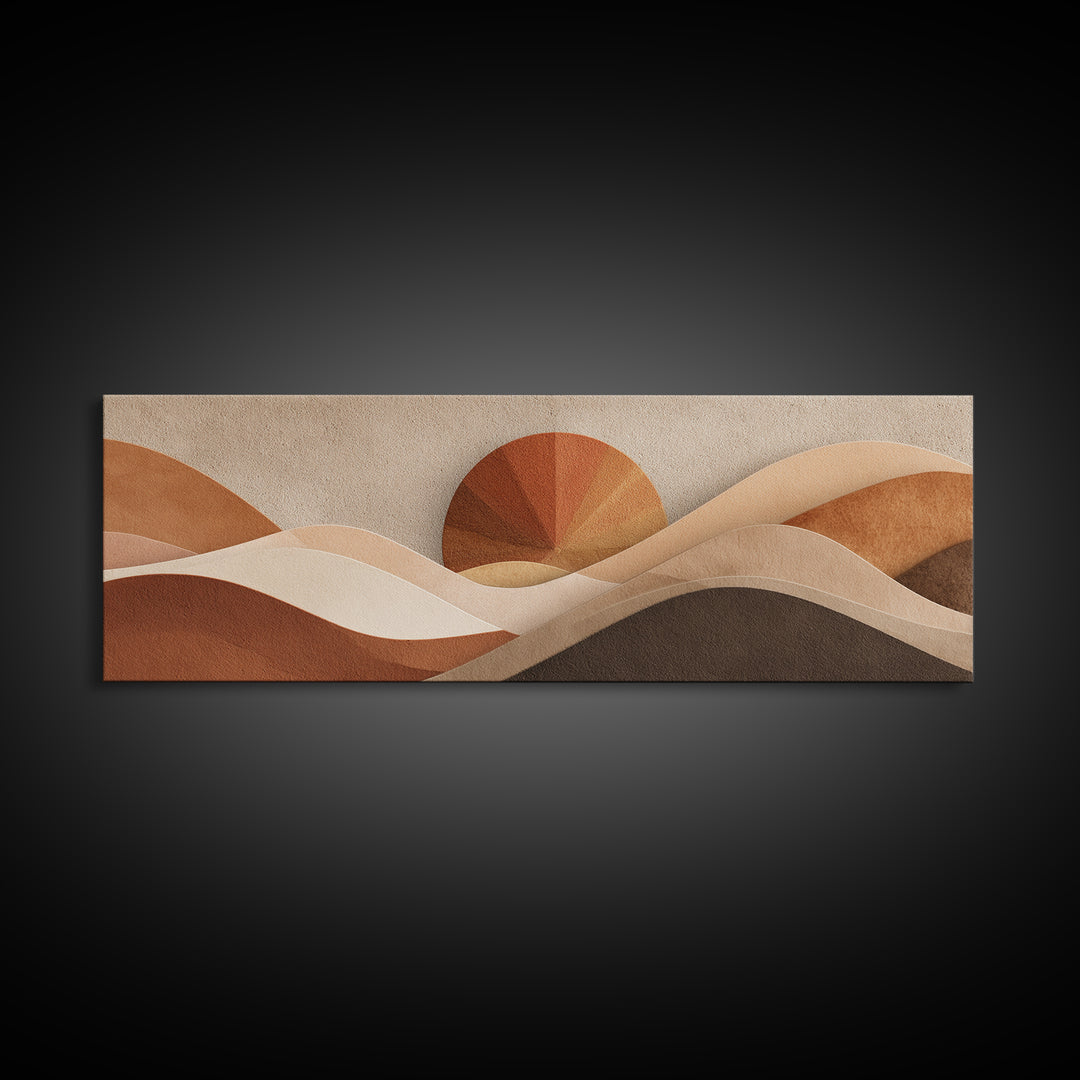 Abstract Desert Dunes And Sun Wall Art, Earth Tone Neutral Landscape, Mid Century Modern Decor, Large Horizontal Canvas Print