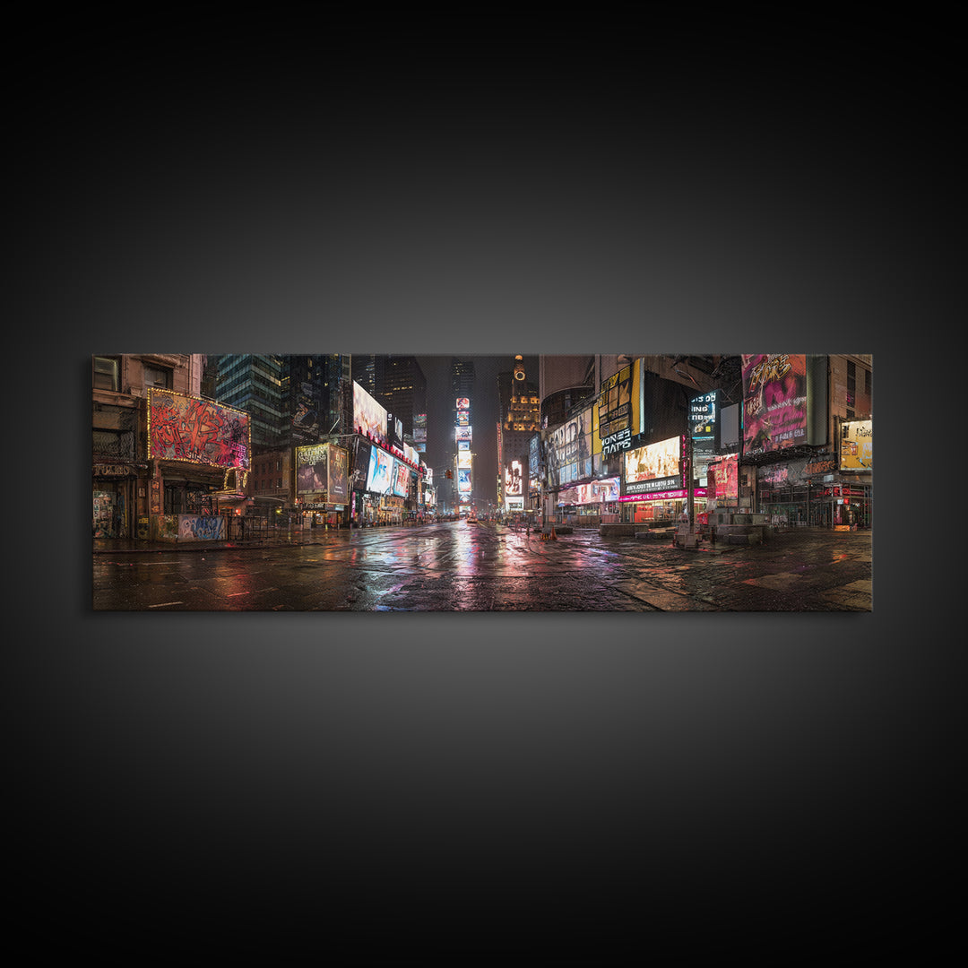 Vibrant Urban Night Scene With Neon Lights And Reflections Cityscape Wall Art Framed Canvas Print For Modern Home Decor