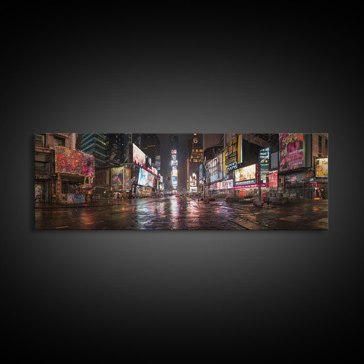Vibrant Urban Night Scene With Neon Lights And Reflections Cityscape Wall Art Framed Canvas Print For Modern Home Decor