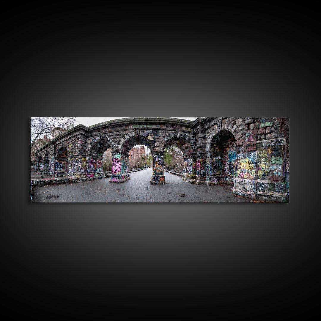 Gothic Urban Stone Archway Decorated With Graffiti In City Park Wall Art Framed Canvas Print