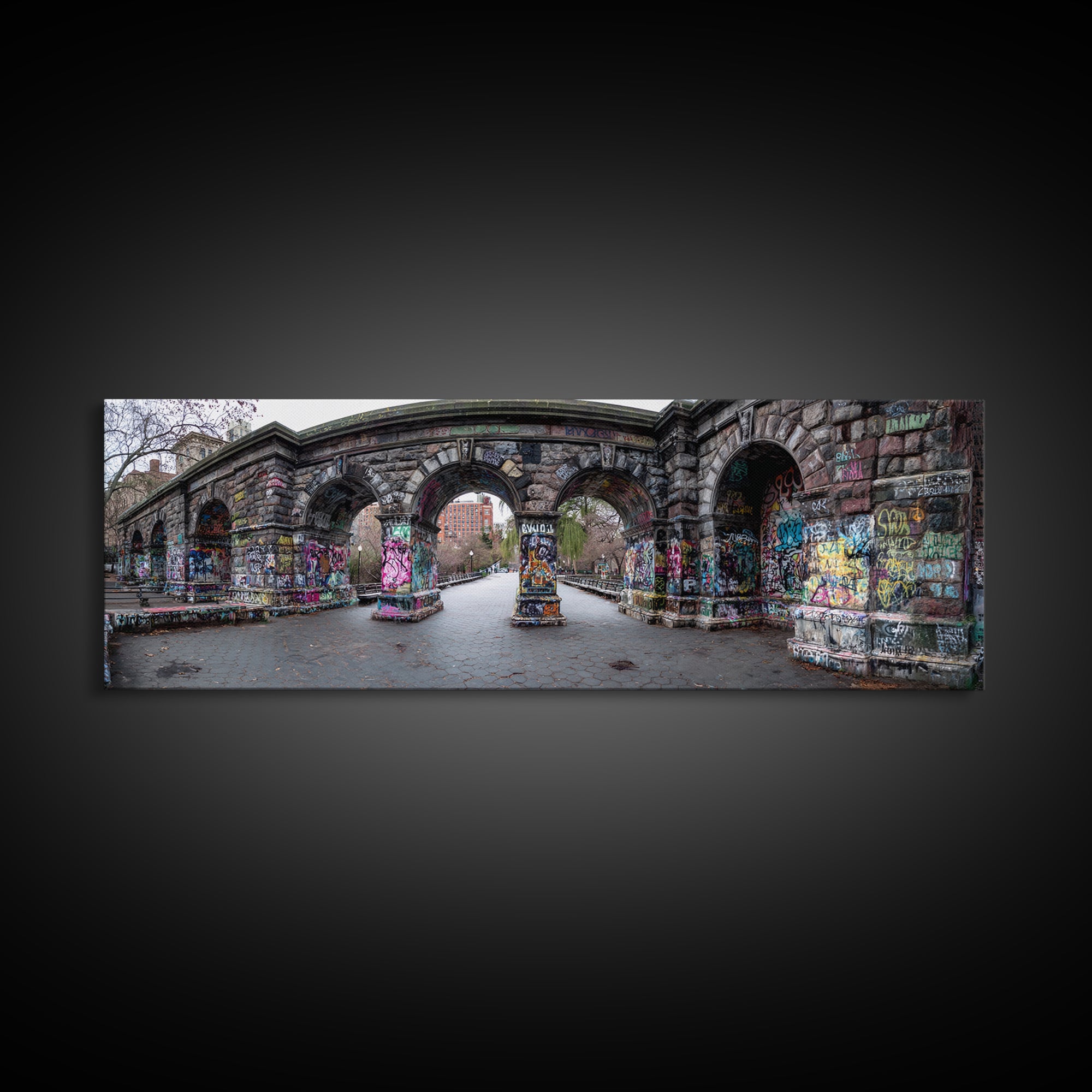 Gothic Urban Stone Archway Decorated With Graffiti In City Park Wall Art Framed Canvas Print