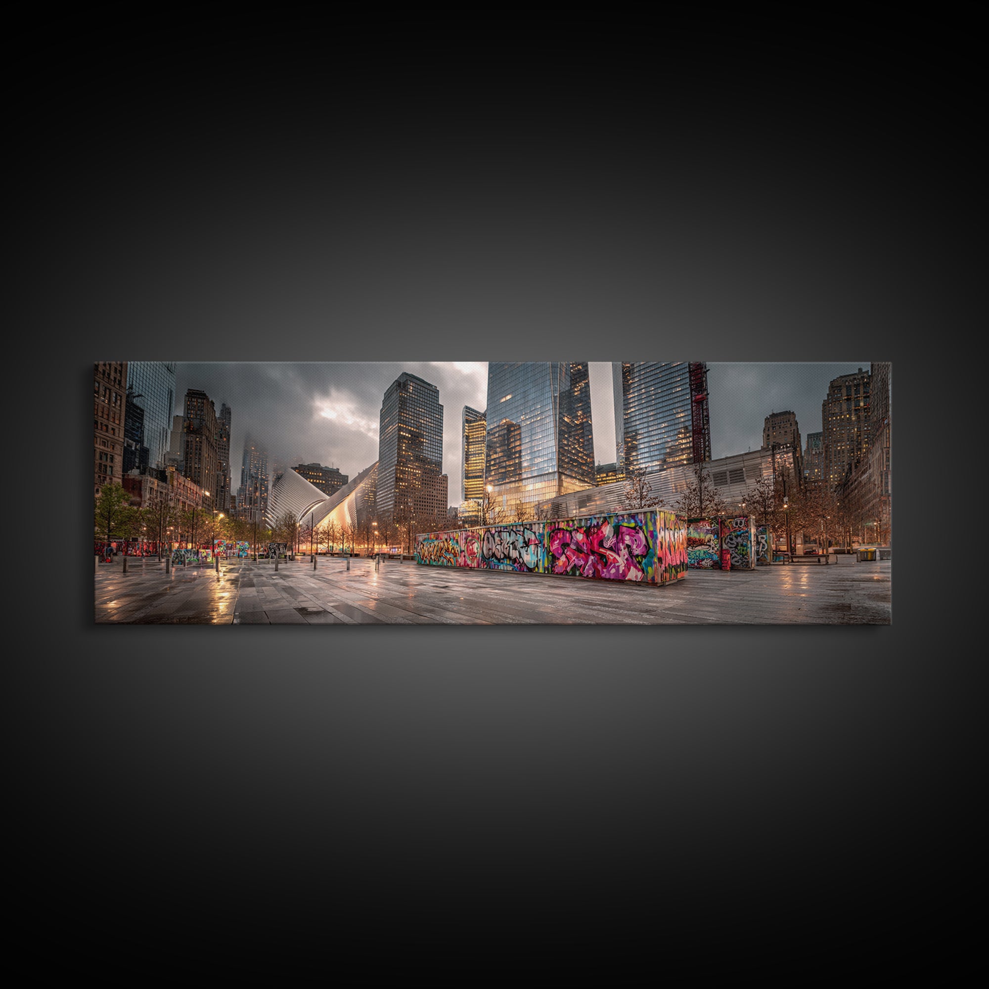 Vibrant Urban Landscape With Graffiti Walls And Reflective Wet Pavement - Modern Wall Art Canvas Print For Loft And City Apartment Decor