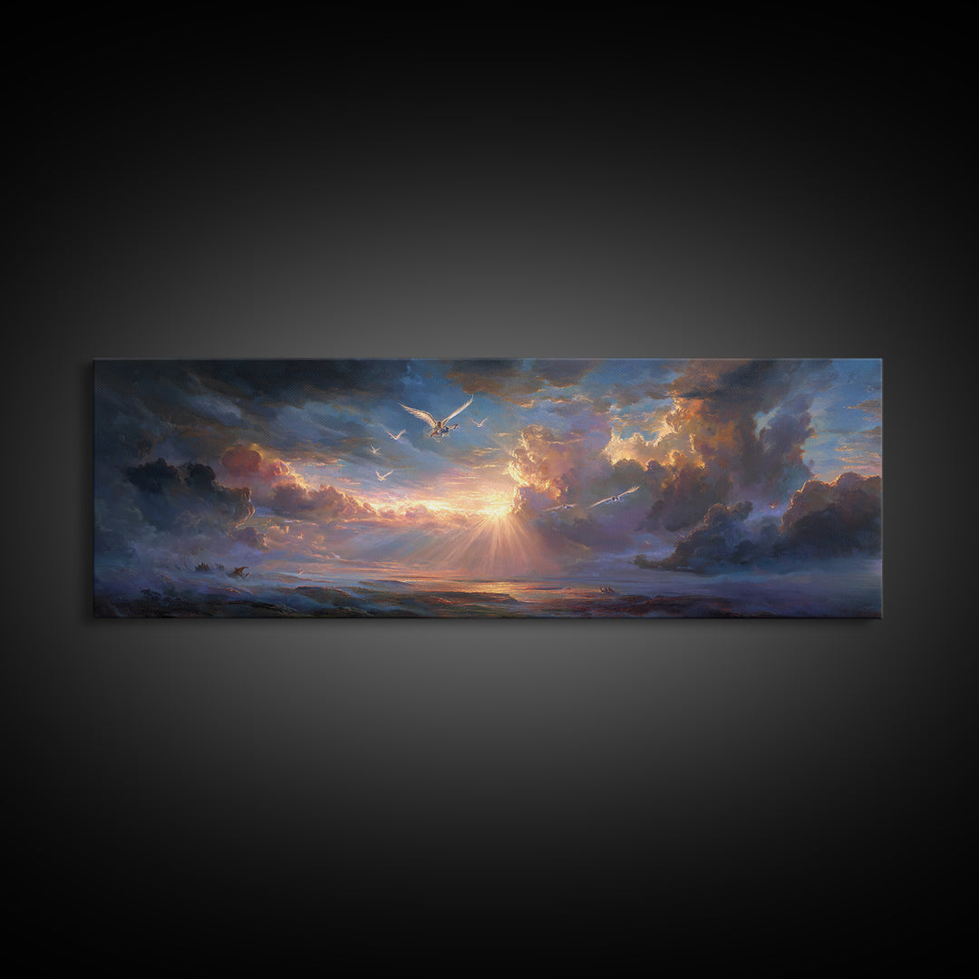 Dramatic Sunrise Over Stormy Sea Wall Art, Coastal Seascape Canvas Print, Inspirational Nature Decor, Living Room Wall Art