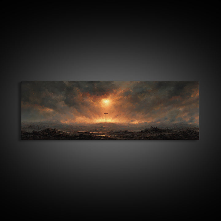 Dramatic Religious Cross Scene In Fiery Sunset Sky Oil Painting Canvas Print For Moody Wall Art And Christian Home Decor