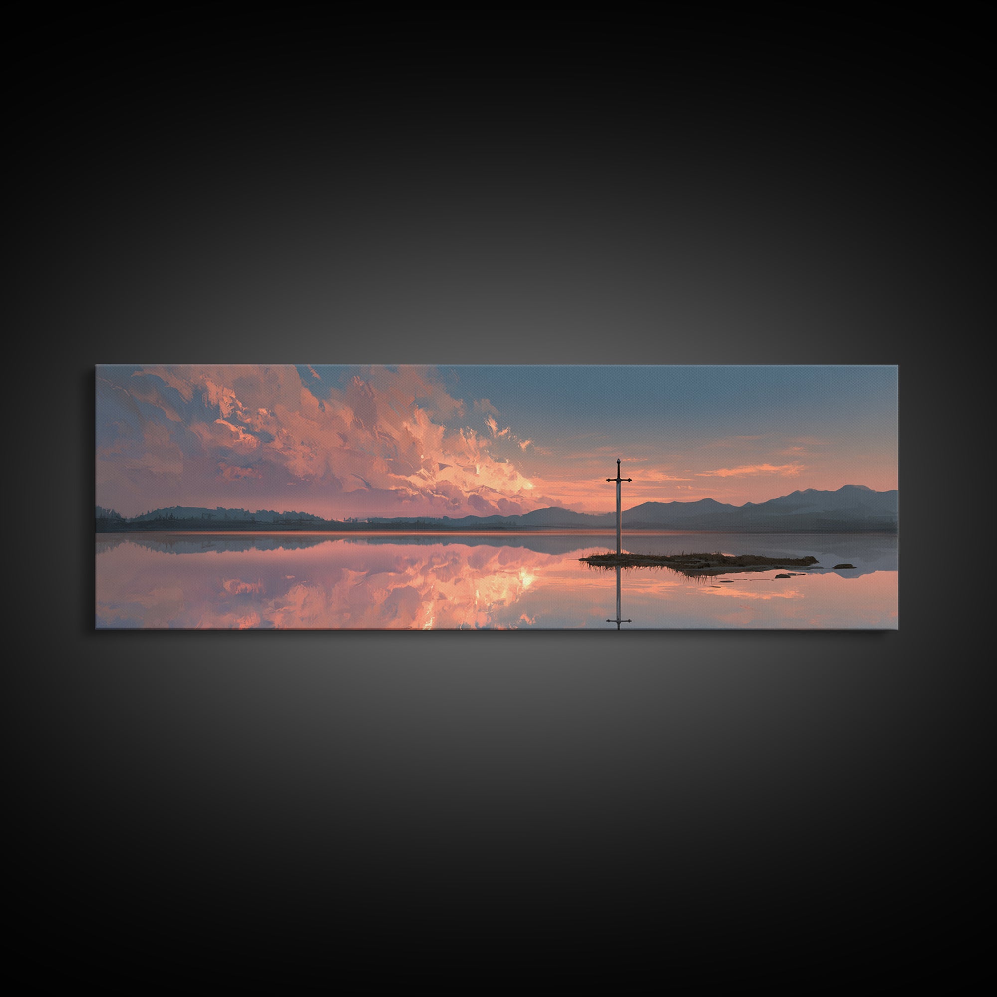 Peaceful Sword In Lake At Sunset Landscape Painting Wall Art Framed Canvas Print Tranquil Nature Scene For Bedroom Or Living Room Neutral Decor
