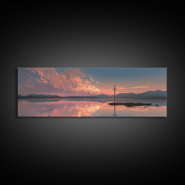 Peaceful Sword In Lake At Sunset Landscape Painting Wall Art Framed Canvas Print Tranquil Nature Scene For Bedroom Or Living Room Neutral Decor