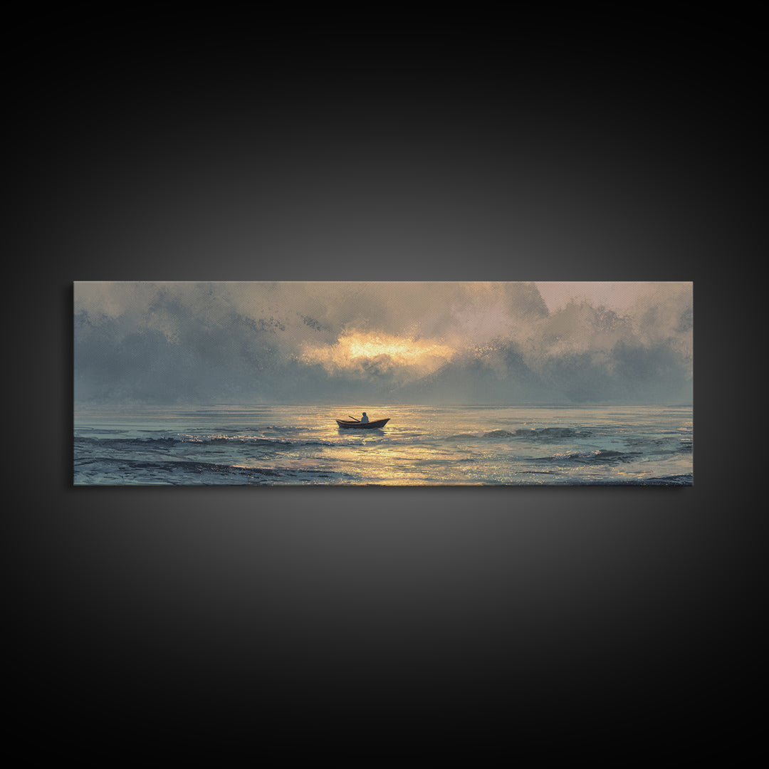 Contemplative Boat At Sea Sunrise Tranquil Ocean Scene Watercolor Style Wall Art Canvas Print Beach Decor