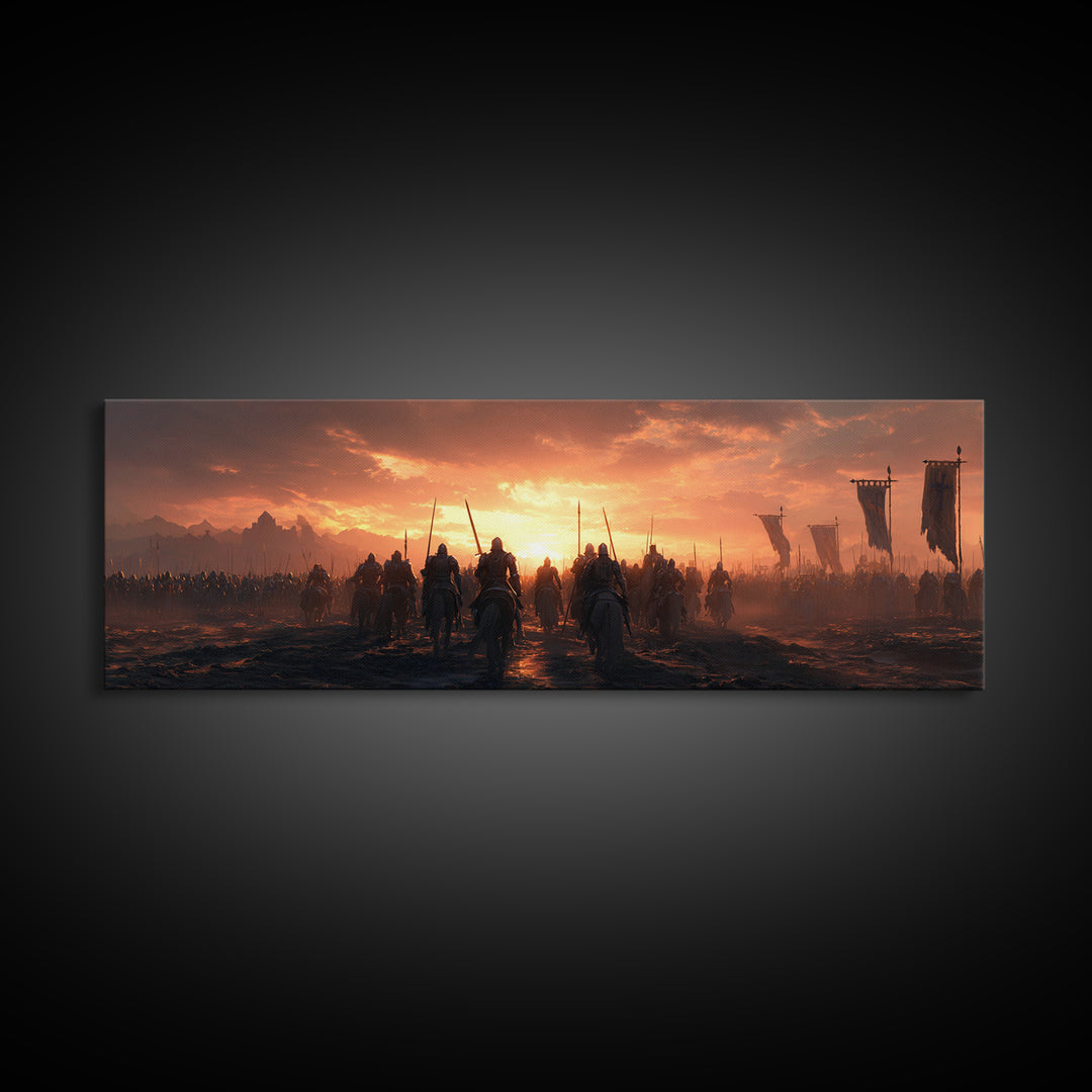 Epic Medieval Battle Scene At Sunset With Armored Knights And Banners Wall Art Framed Canvas Print For Home Decor