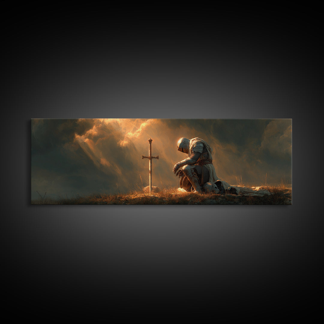 Kneeling Knight At Glowing Cross Wall Art, Christian Medieval Warrior Canvas, Prayer Room Decor, Inspirational Gift For Him