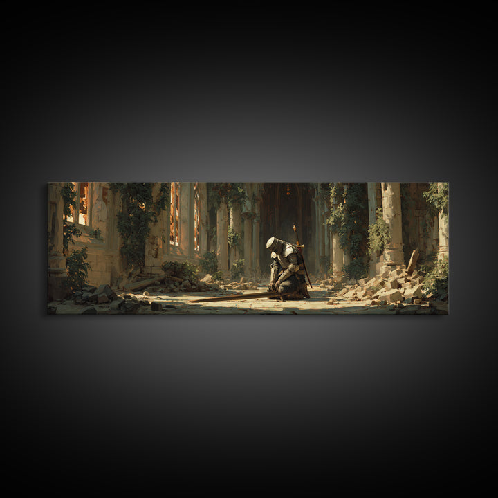 Kneeling Medieval Knight In Ruined Gothic Chapel With Sword Framed Canvas Print Dark Moody Wall Art