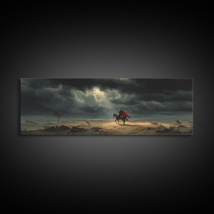 Medieval Knight On Horseback Under Moody Skies, Epic Historical Oil Painting Wall Art Print, Large Canvas Print For Dramatic Home Decor