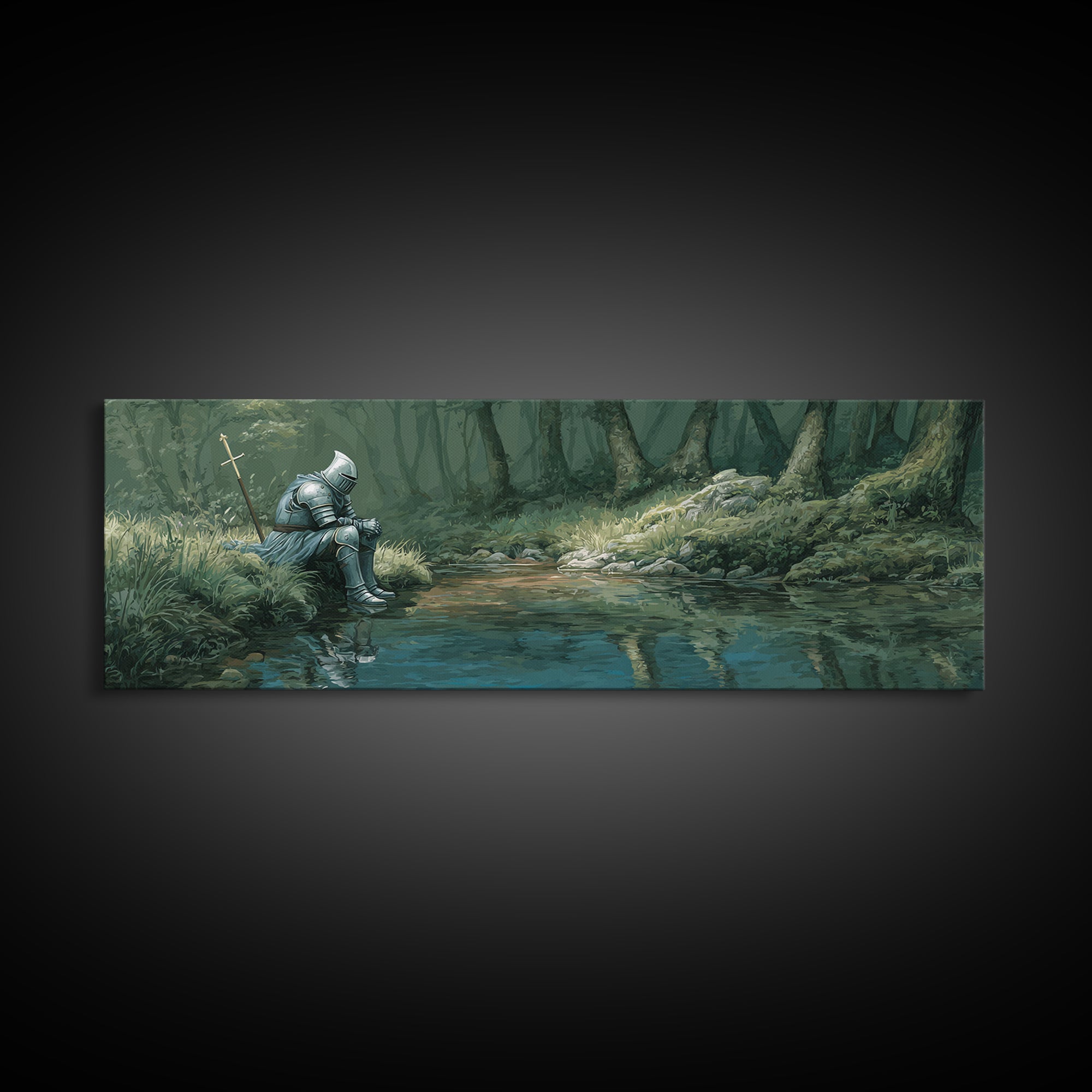 Reflective Knight In Armor Sitting Near Stream Fantasy Wall Art Canvas Print For Living Room Decor