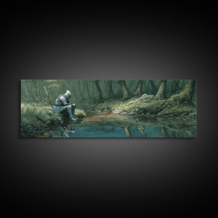 Reflective Knight In Armor Sitting Near Stream Fantasy Wall Art Canvas Print For Living Room Decor