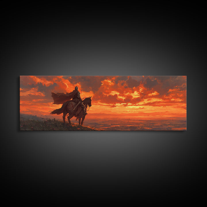 Knight In Armor On Horseback At Dusk Dramatic Sunset Canvas Print With Fiery Sky And Epic Medieval Scene Wall Art For Living Room Decor