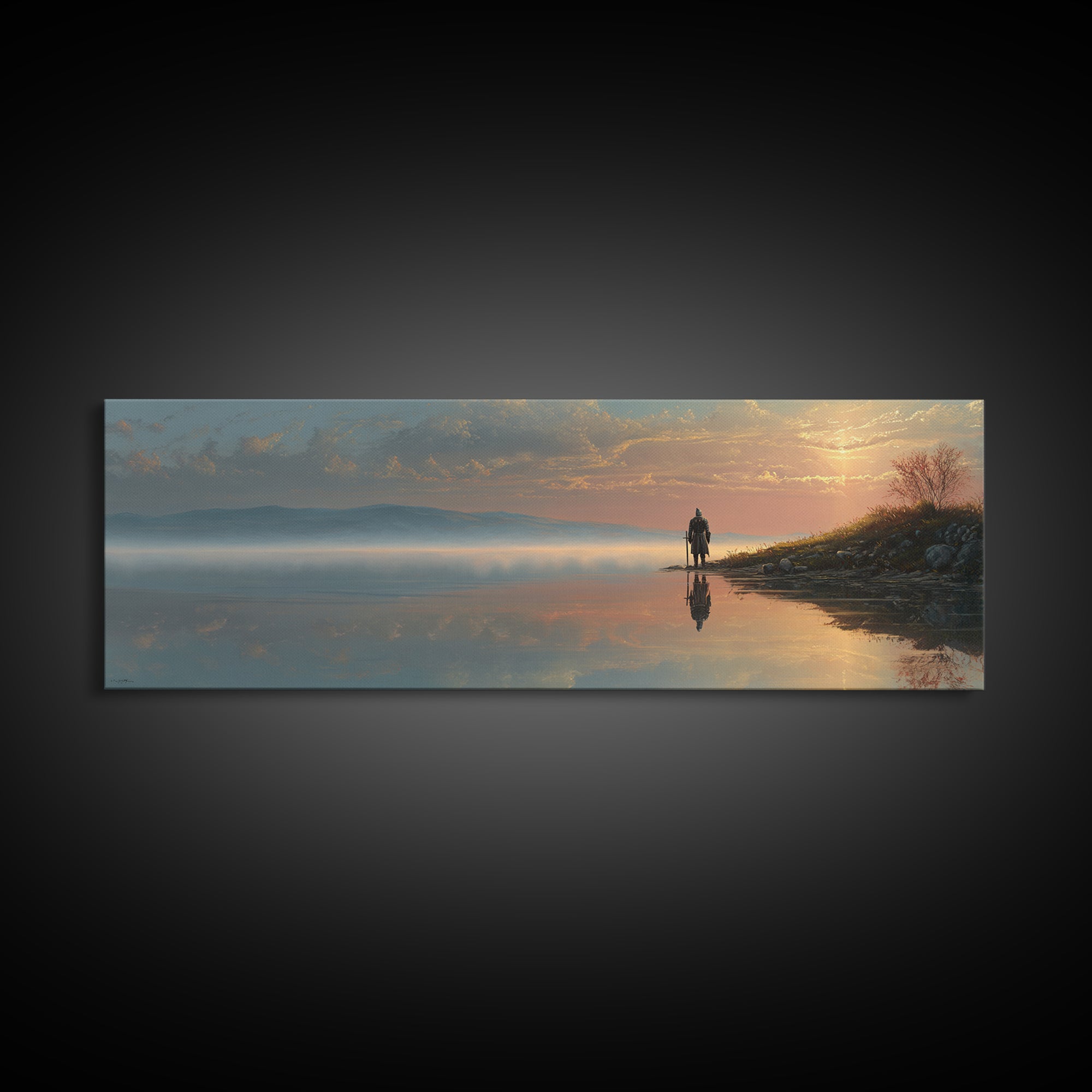 Knight Standing At Lakeside Reflective Water Realistic Landscape Oil Painting Canvas Print