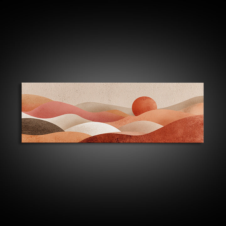 Soft Rolling Hills And Red Sun Wall Art, Abstract Landscape Canvas Print, Earth Tone Decor, Large Horizontal Living Room Art