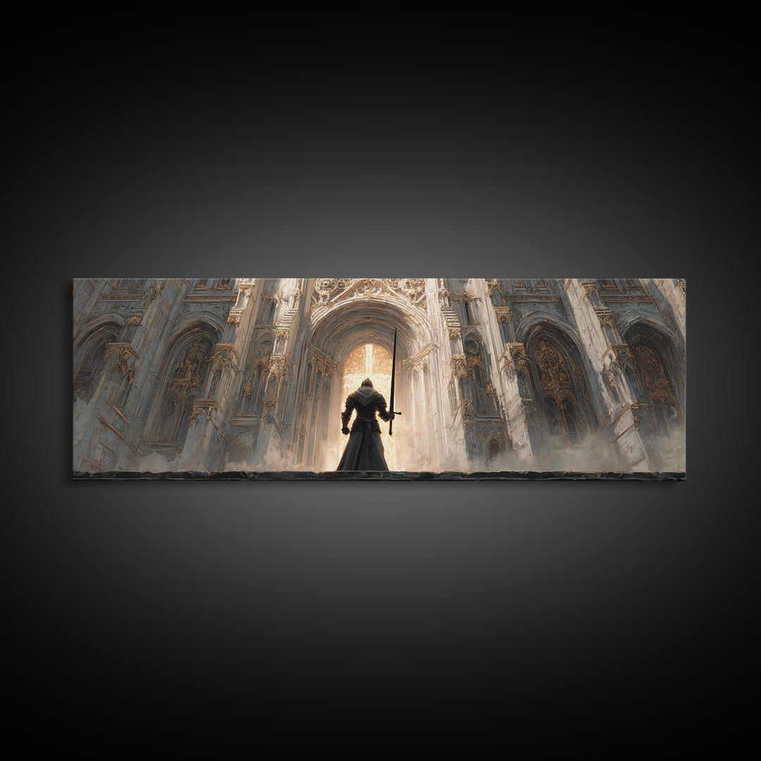 Epic Knight Standing Before Illuminated Cathedral Entrance Wall Art Framed Canvas Print For Dramatic Home Decor Gift