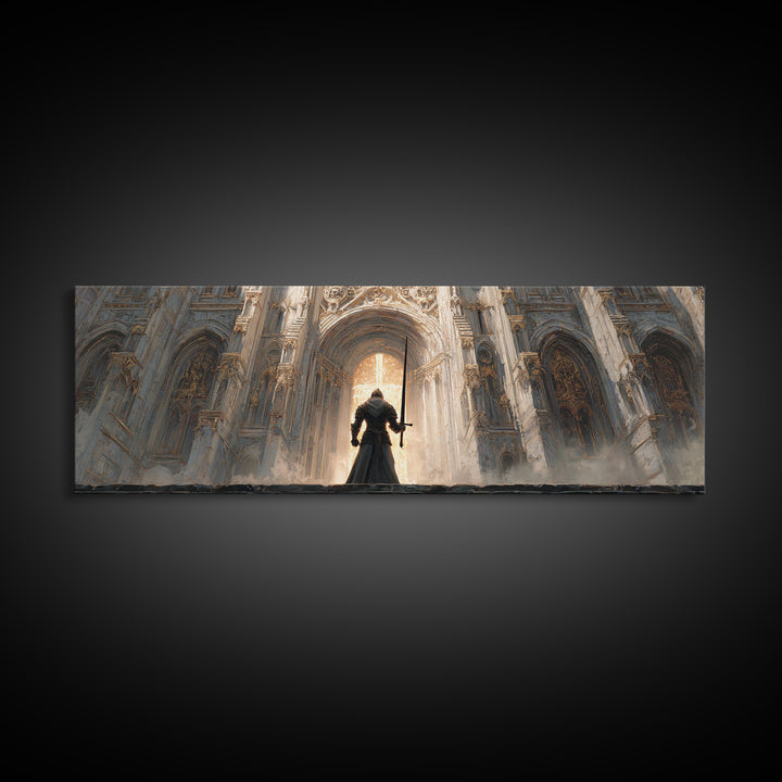 Epic Knight Standing Before Illuminated Cathedral Entrance Wall Art Framed Canvas Print For Dramatic Home Decor Gift