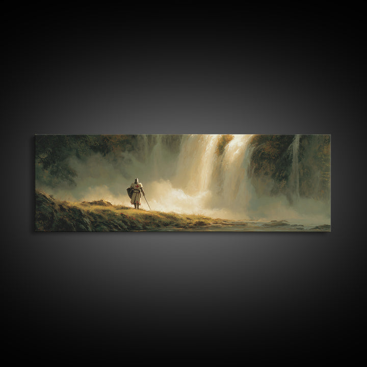 Medieval Knight Standing Near Waterfall Landscape Oil Painting Wall Art Canvas Print For Home Decor