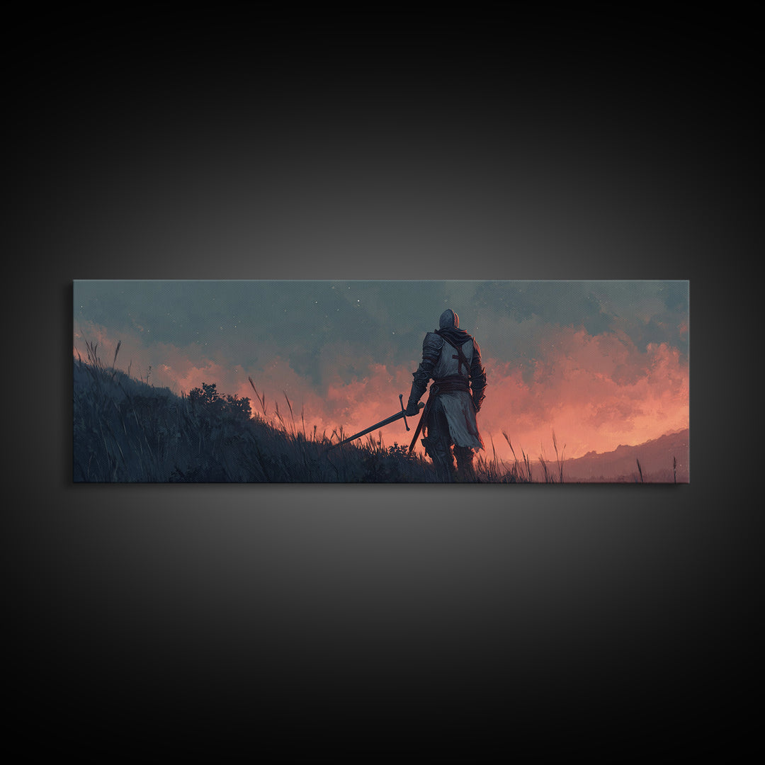 Brave Medieval Knight Staring At Fiery Sunset Holding Sword Canvas Print