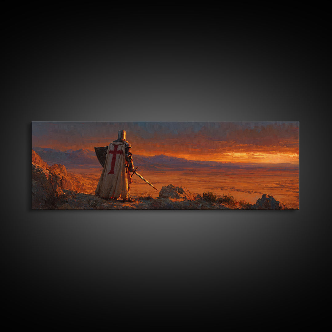 Medieval Knight Standing on Cliff Overlooking Sunset Dramatic Figurative Wall Art Oil Painting Canvas Print for Rustic Home Decor
