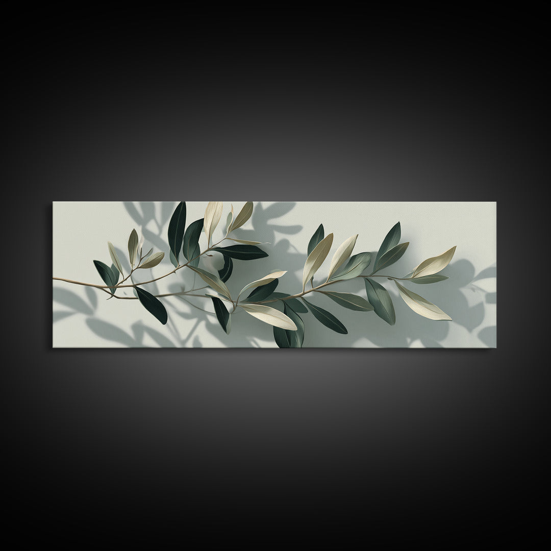 Olive Branch With Soft Shadows Wall Art, Minimalist Botanical Art Print, Sage Green Wall Decor, Modern Japandi Canvas Print