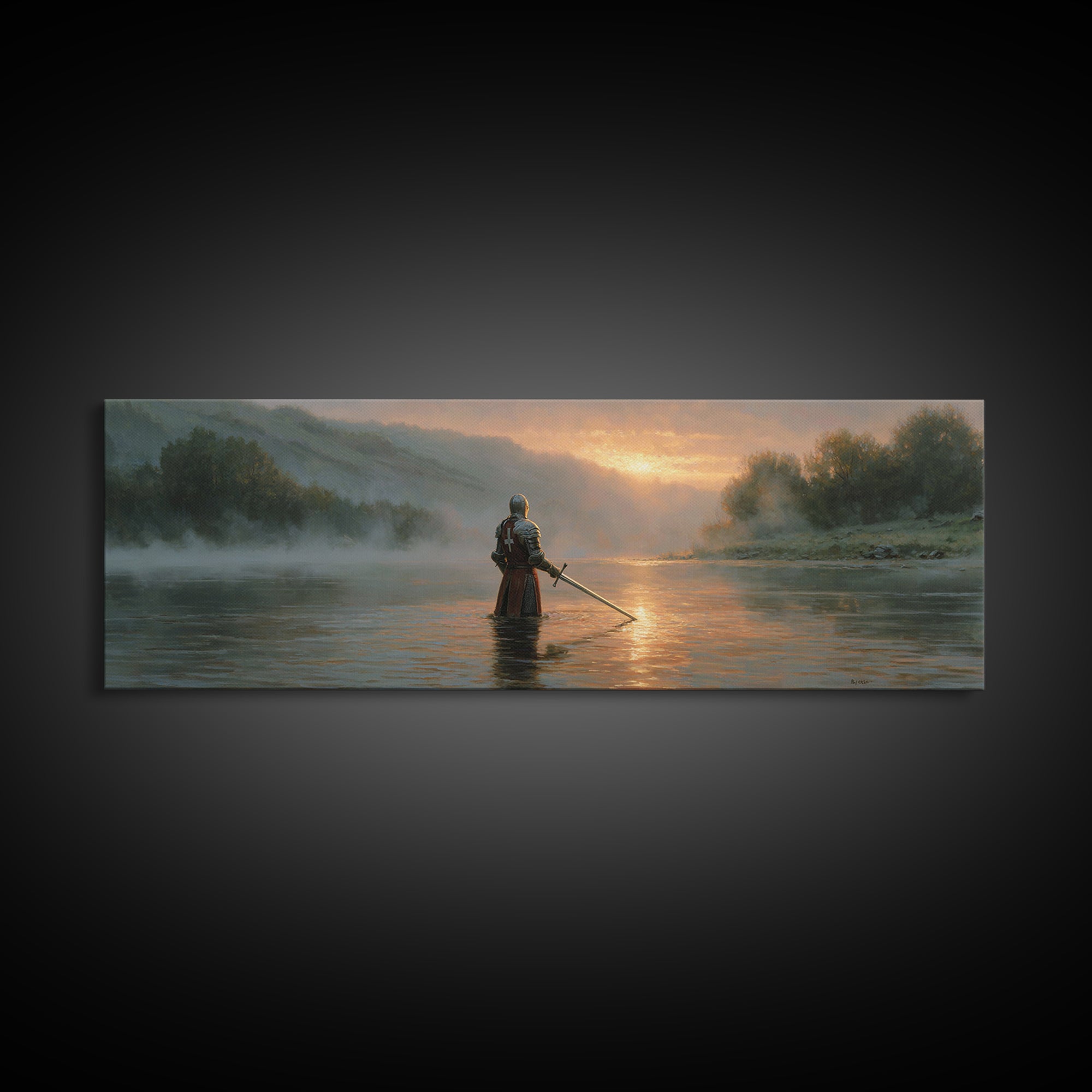 Knight Standing In Misty River At Sunrise With Sword Large Wall Art For Medieval Art Lovers