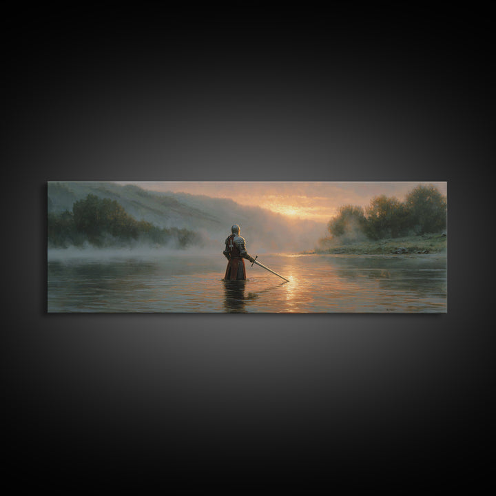 Knight Standing In Misty River At Sunrise With Sword Large Wall Art For Medieval Art Lovers