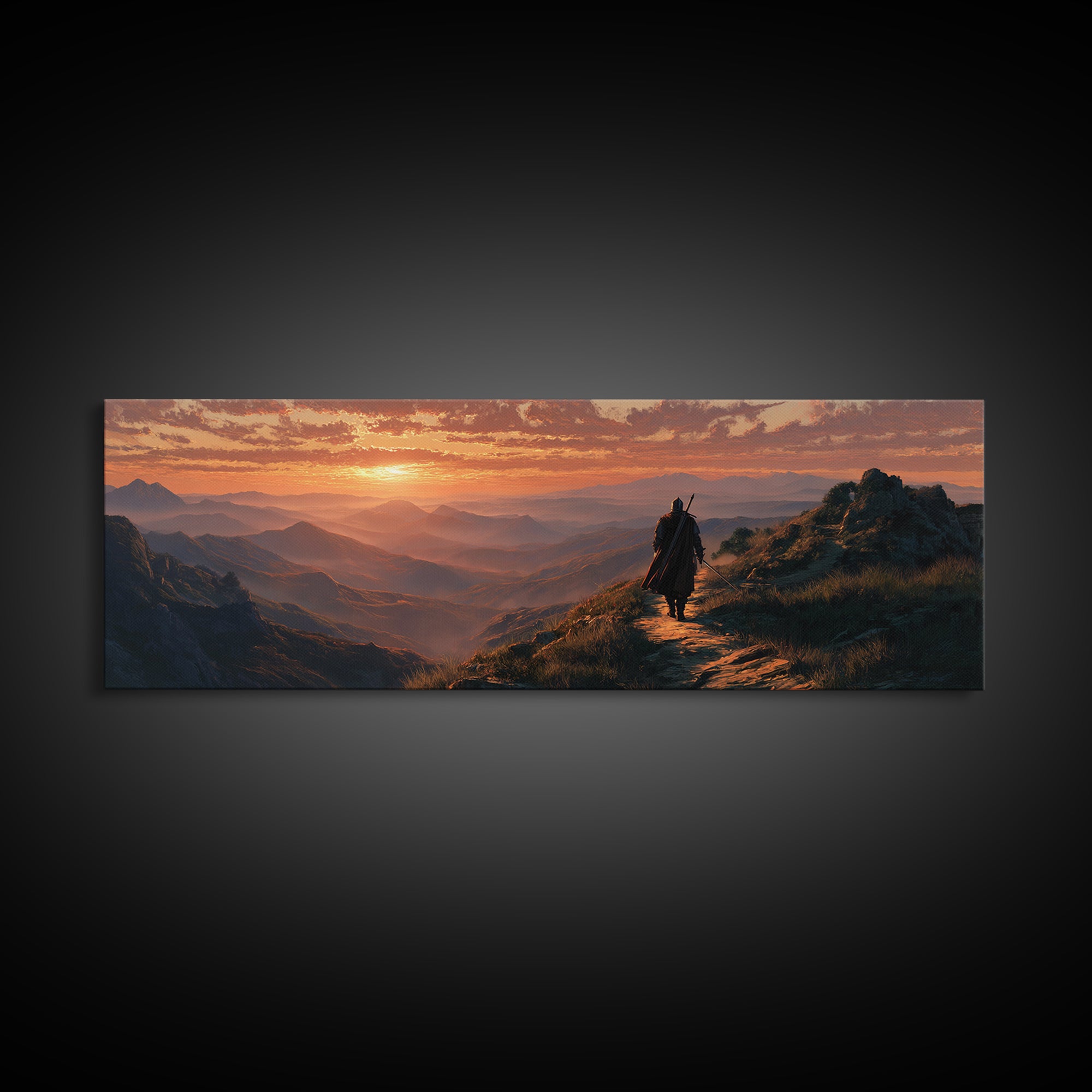 Medieval Knight Walking On Mountain Path At Sunset Dramatic Landscape Wall Art Framed Canvas Print For Fantasy Room Decor And Gifts
